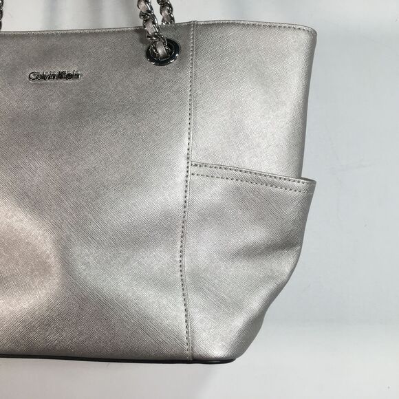 Women's Calvin Klein Chain Saffiano Leather Tote Size 16"L x 4.5"W x 10"H - Silv - Picture 11 of 14